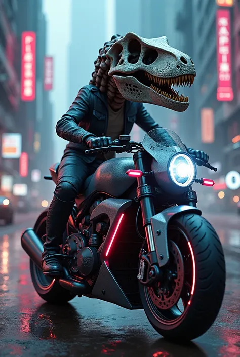 Dinosaur skull riding a motorcycle
