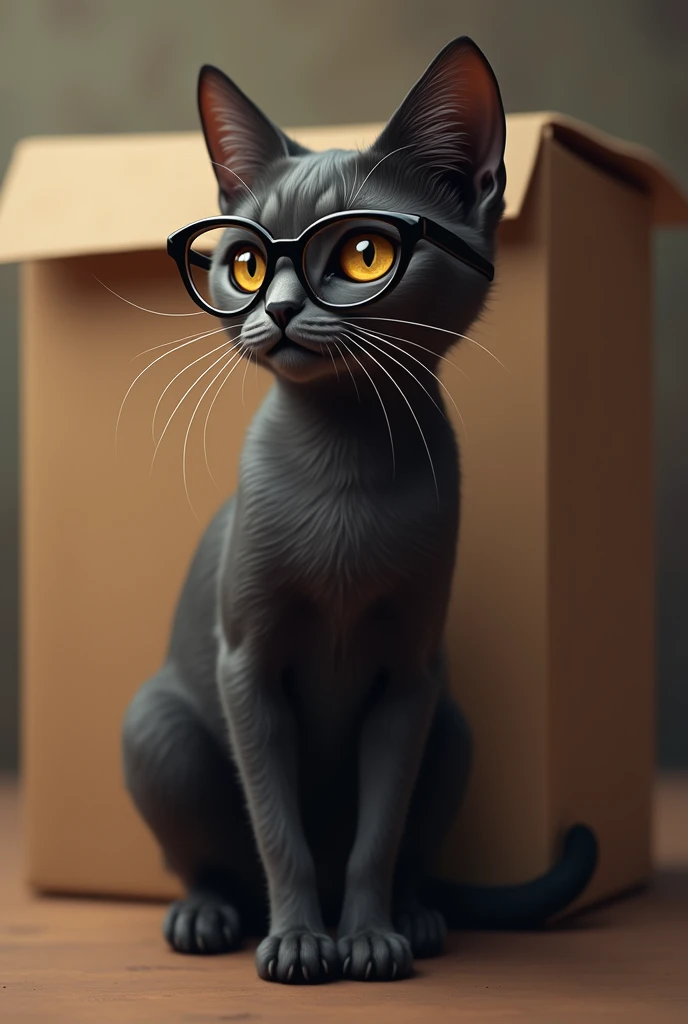 Sexy cat with glasses in front of a box 