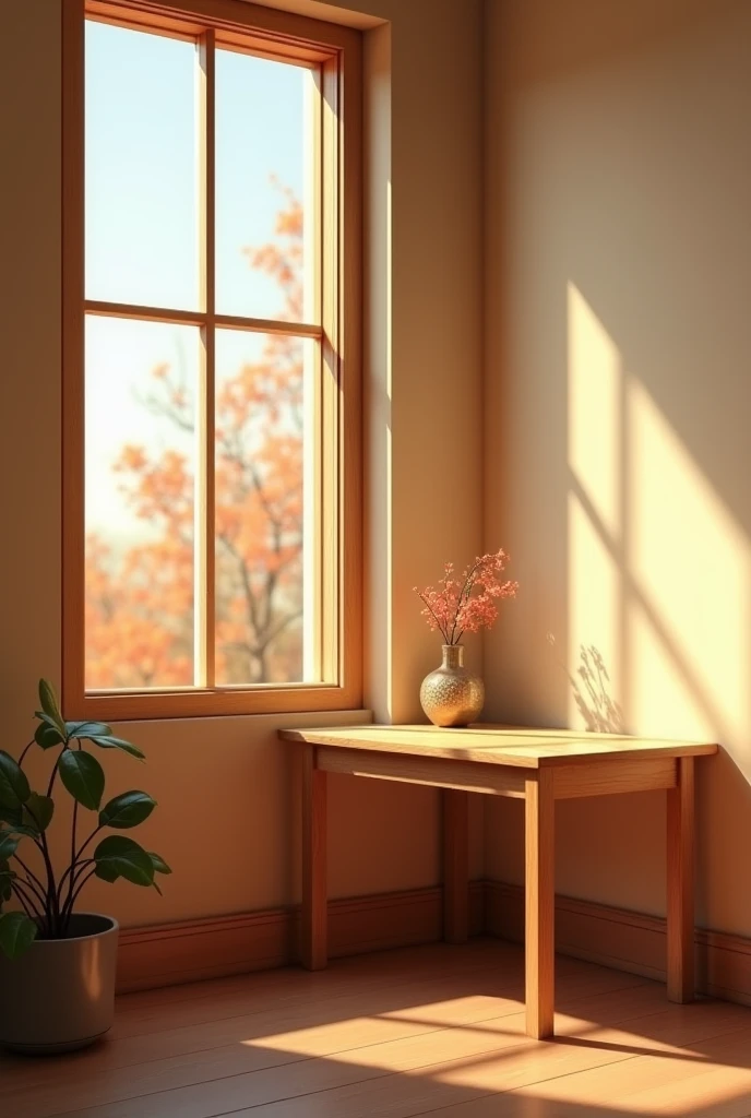 Wooden table next to window corner 
