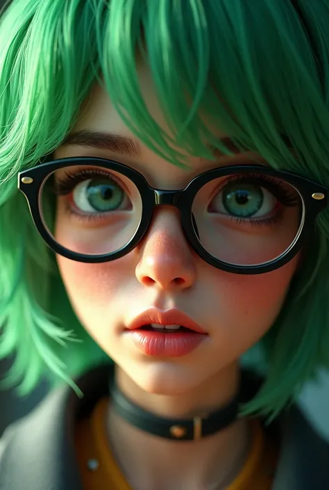  a close up of a person with green hair wearing glasses and a green wig,  a portrait of a character inspired by Max Magnus Norman,   winner of the cg society competition , arte digital,  Rendered portrait in 8k , maxwell representation,  Highly detailed VF...