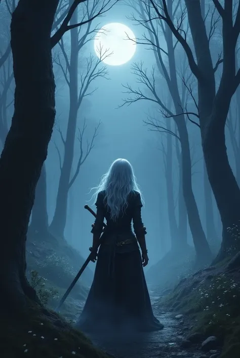 The scene takes place in an eerie, moonlit forest. Shadows loom large as fog creeps along the ground, casting everything in a spectral haze. Tesslia, clad in her dark, battle-ready attire with her silver hair catching the pale light, stands resolutely amid...