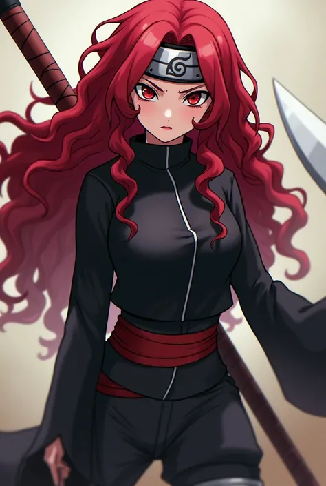 1 ,  long curly crimson red hair,anger and hatred, Rinnegan eye power , a black outfit with mesh , Naruto headband around the waist ,  a large ninja weapon in the shape of a sickle,  a 16-year-old girls body ,  small breasts and thin waist , along with his...