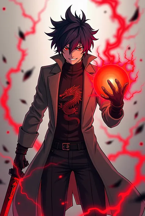 An anime male character with large dark hair,  Bright red eyes,  a coat with long sleeves and buttoned with a symbol of a dragon and an aura of red electricity surrounding his body.  He is holding a cursed sword with a red blade in his right hand. In the l...