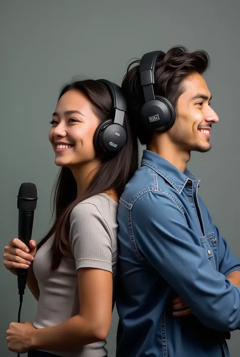 Young female news reporter, microphone in hand. Confident, happy. Side profile. Young male radio announcer wearing headphones, right behind her. They lean back on each other. Side profile. High quality, high resolution, ultra realistic, true perspective
