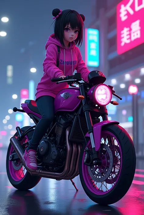 purple and black motorcycle with a girl in a pink hoodie, sitting on cyberpunk motorbike, e-girl, e - girl, cyberpunk streetwear, in cyberpunk style, comiс style, zeronis style, akira moto, akira artstyle, motorcycle, wearing cyberpunk streetwear, cyberpun...