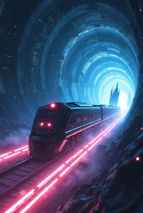 
science-fiction, realistic. glowing shadow of cyber-punk train flying in the cosmic space very spirally and dinamically and breaking crashing many layers of the dimension, with many beautiful light trails spiraling. many historical landmarks in the world ...