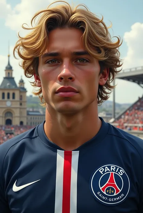  old Paris Saint-Germain player with blonde-brown mid length curly hair and brown eyes