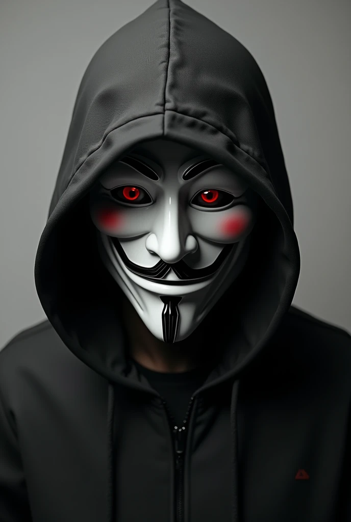 Create a mysterious person wearing a revenge mask hacker Anonymous. Pupils with red borders , head tilted down but with eye pointed forward.  realistic image , And gray background. White hacker mask  