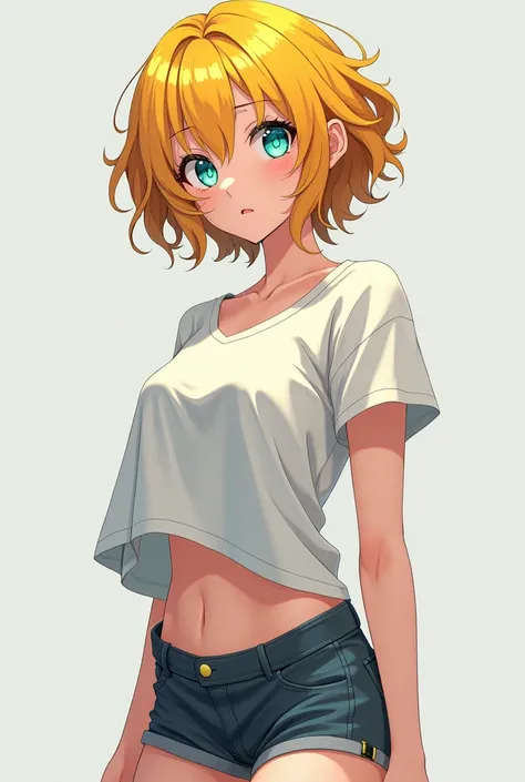 masterpiece,  high resolution , Accuracy,  high detail, HD model, anime,  short curvy hair, yellow color, ocean colored eyes , bang, Wearing a t-shirt, and tight shorts 