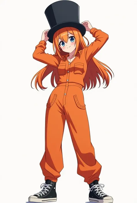 Adult anime girl with long bright orange hair and dark blue eyes.  hair loose , the sides are gathered in two tails ,  in an orange button-down jumpsuit with two chest pockets with black high-sided sneakers and white soles, которая снимает с головы цилиндр...