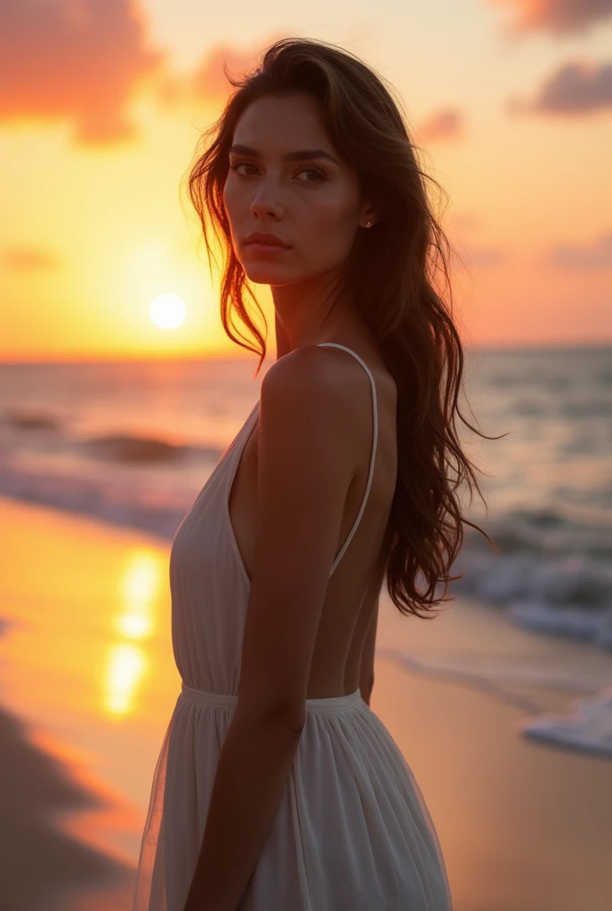 cropped woman in a dress standing on a beach at sunset, at beach at sunset, to the beach on a sunset, au coucher du soleil, sur la plage au coucher du soleil, avec le coucher du soleil, dans la plage, to the beach, sunset to the beach, posant sur une plage...