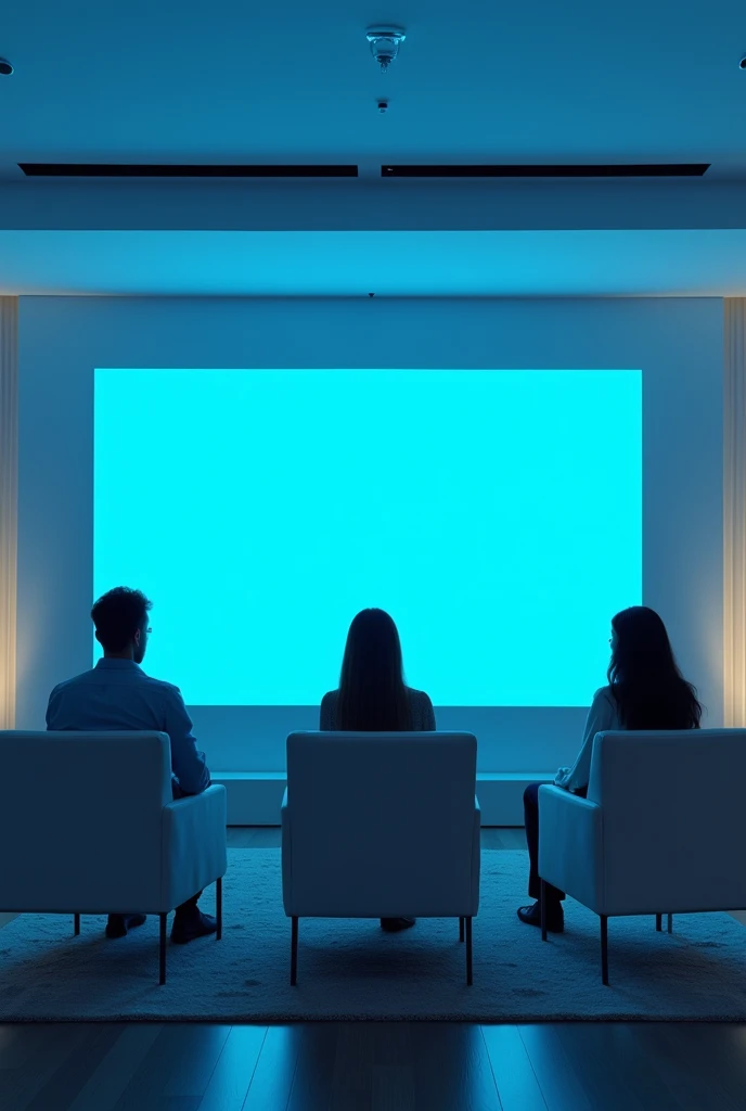 in a modern living room
with white armchairs
with seated women
facing me
a giant television screen that fills the entire room with a blue background facing me
in a spaceship
the light is blue
the lights are dimmed