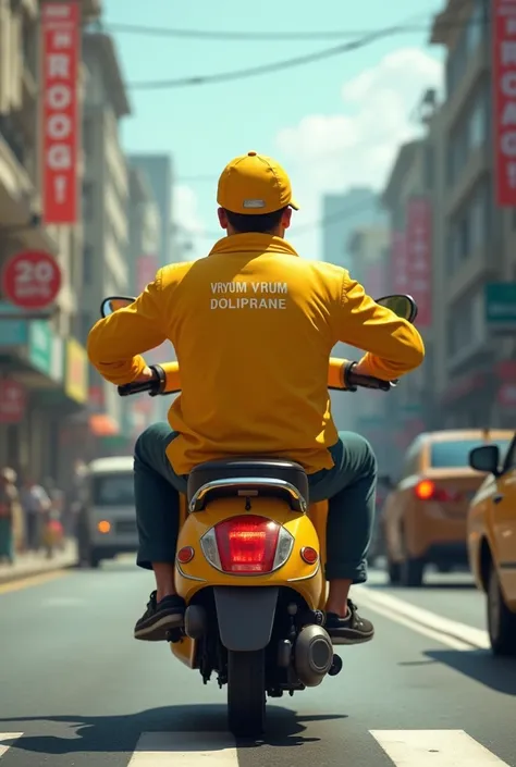 Make me a delivery man on a scooter with the name Vroum Vroum DOLIPRANE written on the back il est habillé en jaune 