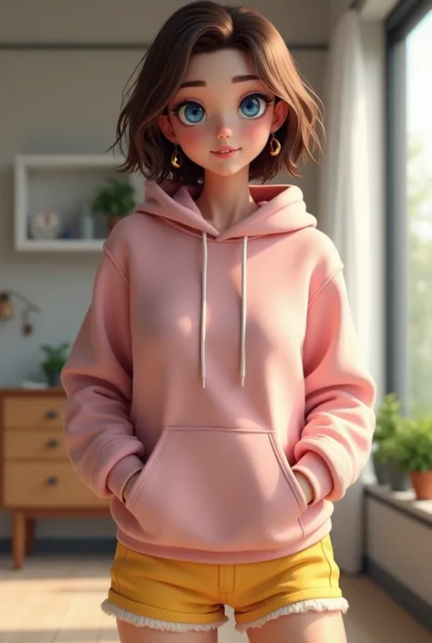 Photorealistic style, 22 year old slim American girl, short brown hair and blue eyes, dressed in a pink hoodie, yellow shorts, she is standing posing, looking at the camera, in a modern day room