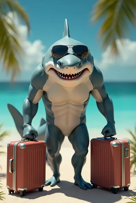  a shark with suitcases and sunglasses , as if you were going on vacation . A gray shark is very strong as if it were a human
Do him with an angry face 