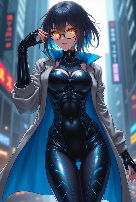 
an anime style girl,  with black chrome mechanical arms and cybernetic legs shining in blue, exuding an overwhelming beauty .  Her golden eyes shine brightly under futuristic glasses ,  world while her slightly open mouth leaves her tongue out ,  bringing...