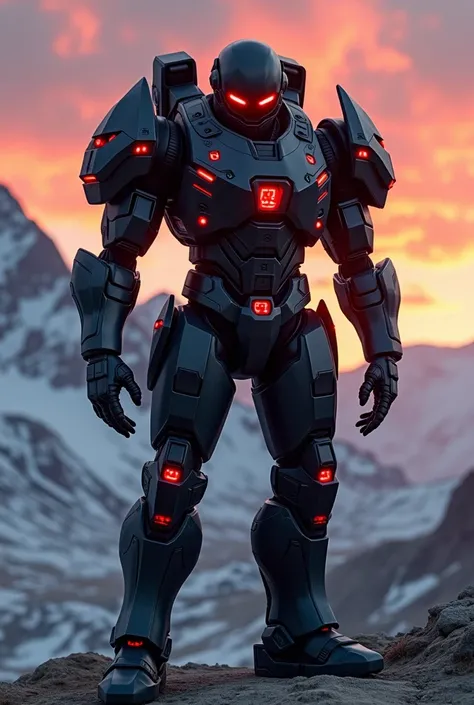 Black X-01 power armor (Fallout). Glowing red lights. Tundra mountains. Sunset. 