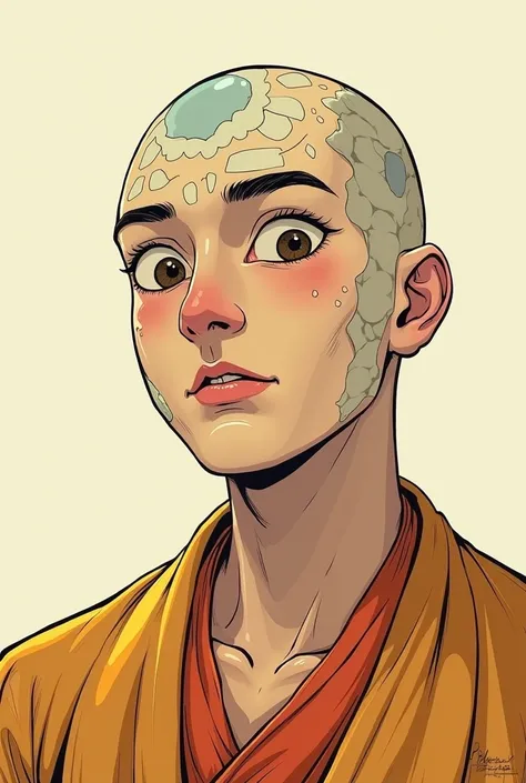 That he is a young boy of around 20 years old with Chinese facial features , that is peeled and with the appearance of a Buddha monk drawn in the comic style of the artist Gabriel Picolo