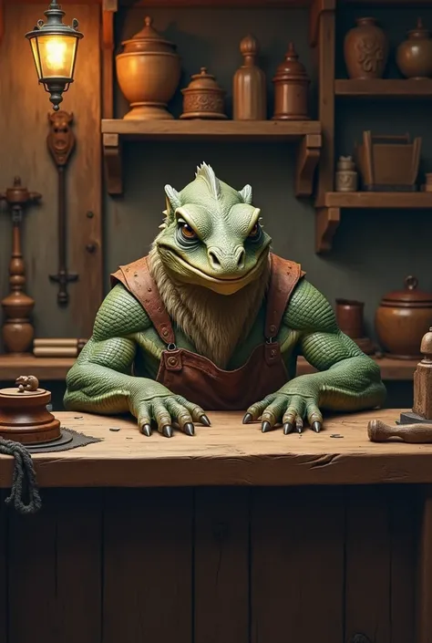 old adult Lizardman (DnD) carpenter, sitting behind his shop counter