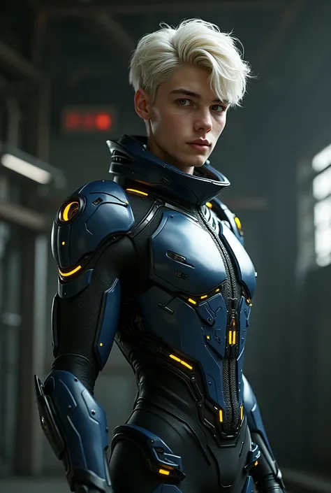 Create a photo of a, Young man of 20 years old, honey-brown-eyed , pale skin, 170 cm tall,  medium long black hair with platinum blonde locks. He is wearing a black battle suit .