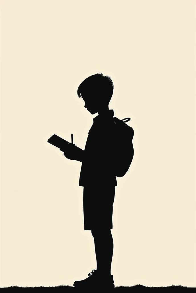 Silhouette of a schoolboy standing reading or writing