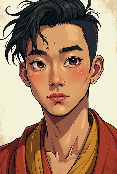 That he is a young boy of around 20 years old with Chinese facial features , that looks straight ahead, that is peeled and with the appearance of a Buddha monk drawn in the comic style of the artist Gabriel Picolo