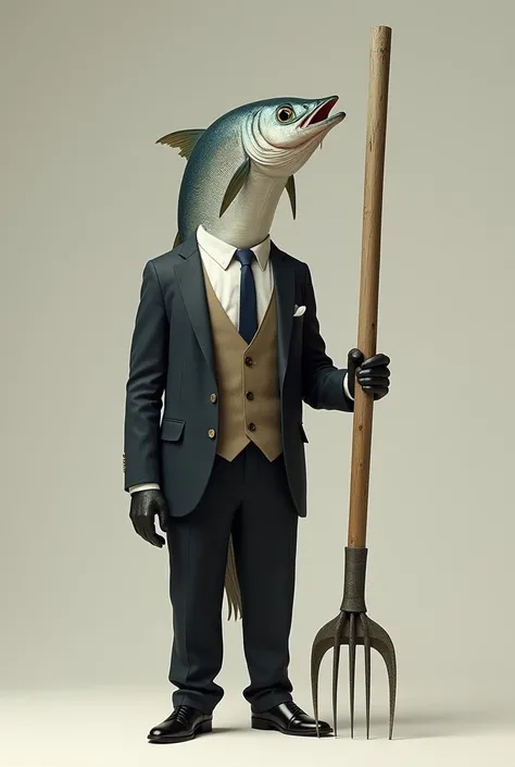 A well-dressed sardine holding a rake