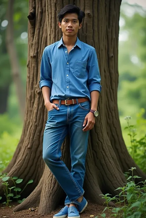 A man full body Indonesian face handsome sweet handsome blue shirt fits into long blue jeans brown belt blue shoes again stands leaning the body against a teak tree