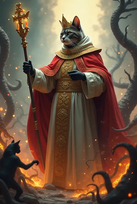 fantastic art, masterpiece, cat pope fighting demons,