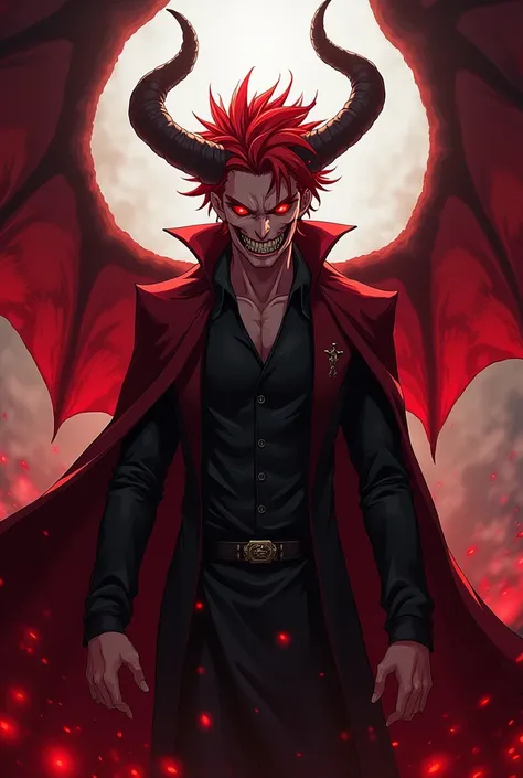 Male Rulers of Hell ,  red hair anime style
He looks ultra angry,  with a devious, Diabolical grin , yet reputable.
He is pretty thin .
He has great dark magical powers