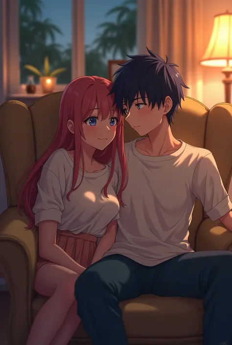 an anime-style couple sitting in an armchair