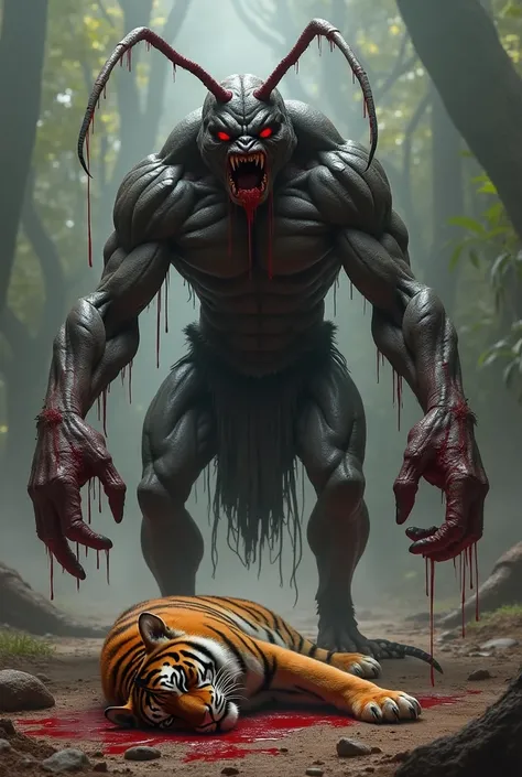 Human and ant mixture being,  massive muscular body ,  frustrated ,  scary look , nobility ,   blood running from mouth ,  blood flowing from paws ,  massive muscular body ,  fighting tiger , tiger dead ,  tiger in blood ,  tiger lying on the ground ,  tig...