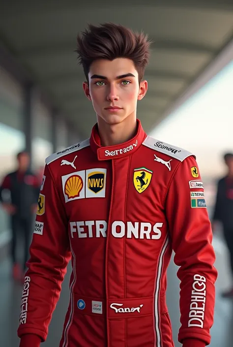  Make him tall , with green eyes, dark brown hair in the style of Charles Leclerc,   with a well-designed face and an athletic body ,  but looking 19 years old and wearing a Ferrari uniform, Without a beard the face of a young boy 