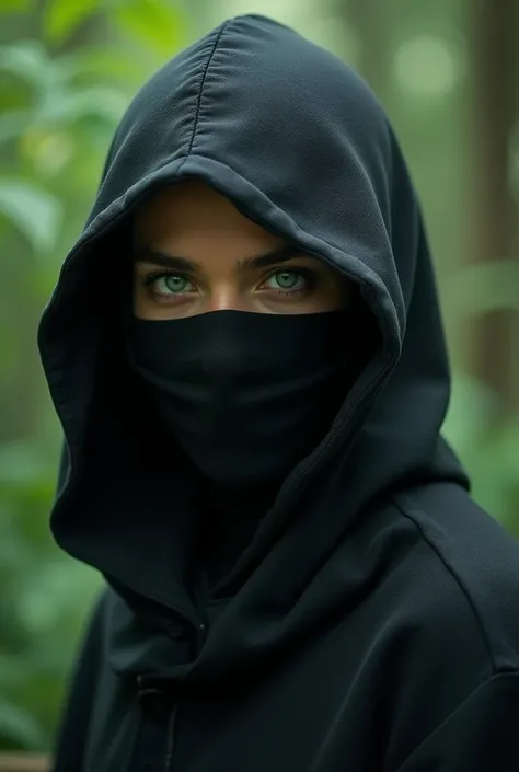 Person wearing black mask and green eyes  Natural  