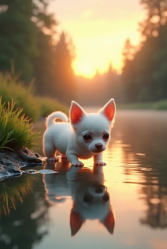 in small white short-haired Chihuahua drinks in the lake, the water reflects his image, background nature at sunset, realistic, 8k