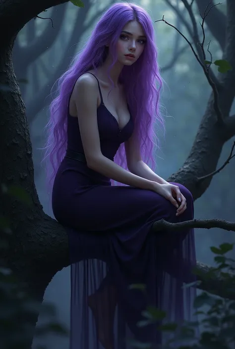 Ina Mijer Linda sitting on a tree branch in a completely dark forest ,  the woman has dark purple eyes and extremely long amethyst-colored hair 