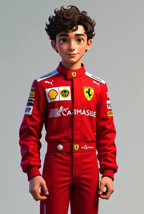  Make him tall , with green eyes, dark brown hair in the style of Charles Leclerc,   with a well-designed face and an athletic body ,  but looking 19 years old and wearing a Ferrari uniform,  without a beard the face of a young boy make him more real and w...