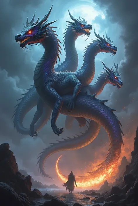 An ancient nightfury, chromatic dragon and fire-drake combined into one with 5 heads