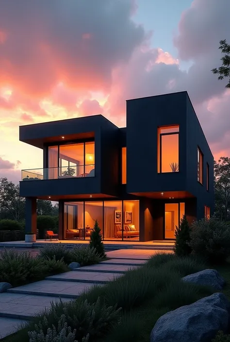 black concrete facade, beautiful sunset atmosphere, illuminated inside the house