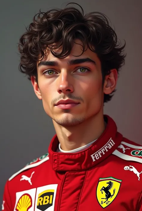  Make him tall , with green eyes, dark brown hair in the style of Charles Leclerc,   with a well-designed face and an athletic body ,  but looking 19 years old and wearing a Ferrari uniform,  without a beard the face of a young boy make him more real and w...