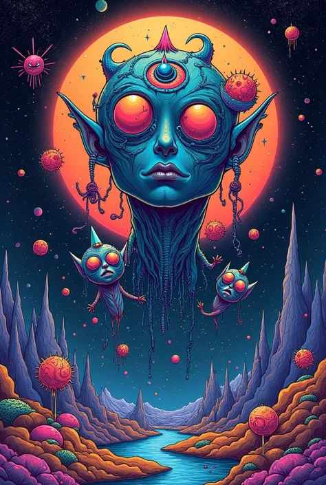 vector illustration design, t-shirt design, colourfull, occult mystic nightmare dreamfull cosmic fantasy surreal paradise xeno metamorph world, with curious style and mindblowing ideas, extreme sharp details, maximum intricately