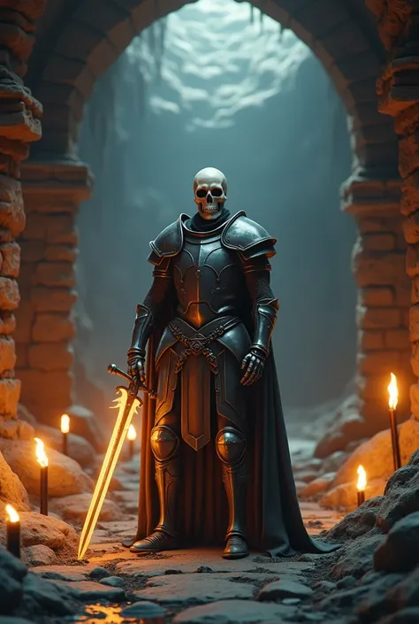 Cinematic and flashy style.  The scene shows a dark dungeon environment ,  with stone walls and torches emitting faint light . in the center,  in the spotlight,  a helmetless skeleton knight , with a detailed skull face .  He wears aged metal armor and hol...