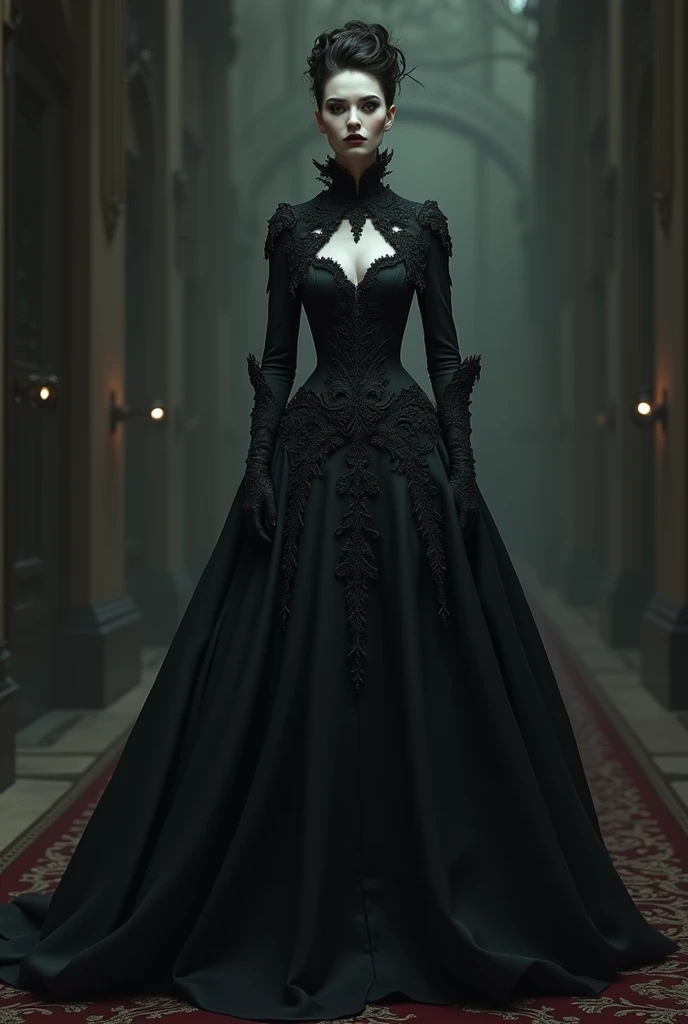 Vampire in a black victorian gown, full body