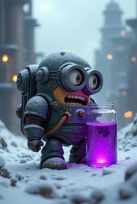 an armored minion drinks purple doublecap syrup in winter in the warhammer 40000 universe, a minion like a cartoon hero from the cartoon Despicable Me