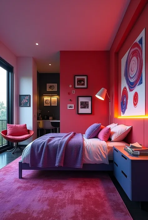 A room for teenagers
with shades of purple, white, black and red 