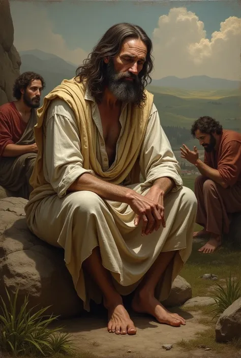 create me an old style painting of jesus sitting on a rock  with a tired sad expression while people around in near   him are enjoying their life in sin were one man is judging another man who is plotting a murder shading a women who is gossiping 