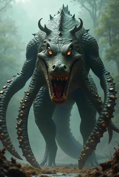  terrifying hybrid creature resulting from the fusion of an octopus and a crocodile,  evoking an aura of primal fear .  The main body must be robust ,  with the scaly and irregular back of the crocodile ,  marked by bony spines that run down your spine to ...