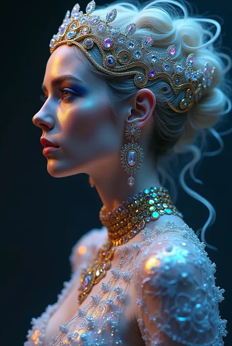 Jewelry Ornaments, fantastic head ornaments with crown, intricate details, super realistic, diamonds, rubies, sapphires, emeralds, neck, arms, earrings, all very intricate, Originality , retrato ultra detallado,  beautiful woman very similar to Scarlett Jo...