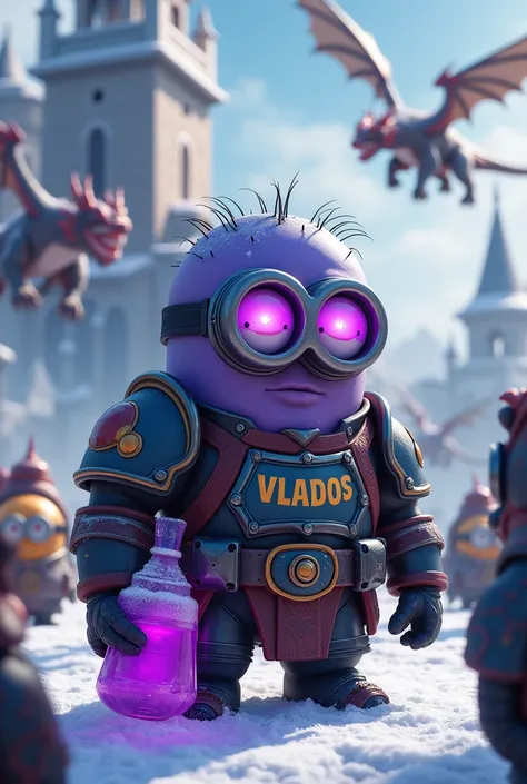 an armored minion drinks purple doublecap syrup in winter in the warhammer 40000 universe, a minion like a cartoon hero from the cartoon Despicable Me
and dragons are fighting behind him, dragons are flying and a huge castle rises and he drinks lin and he ...