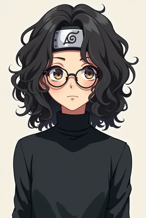  create a boy with long curly hair, With a Naruto headband , with small glasses ,  black hair,  with a black turtleneck blouse 